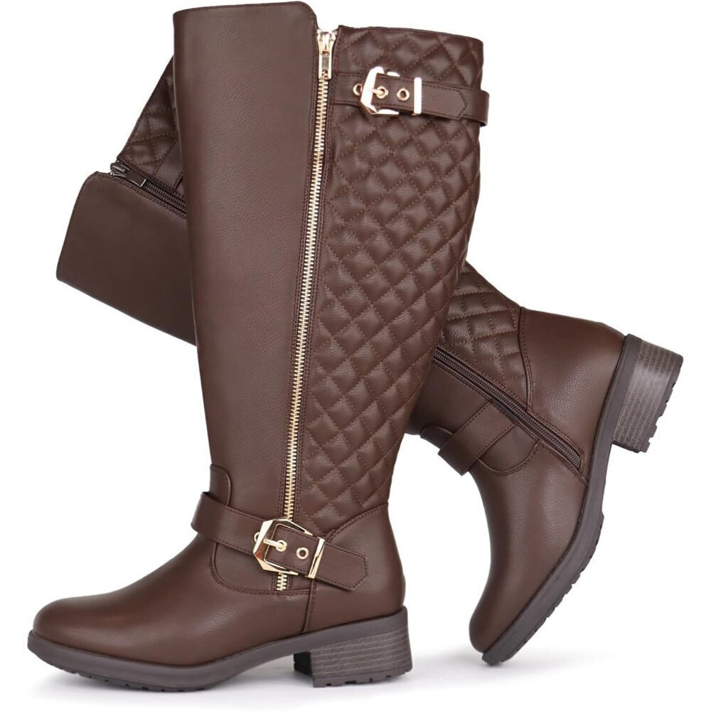 Extra Wide Calf Knee High Riding Brown Boots Double Buckle Retro Chic Style